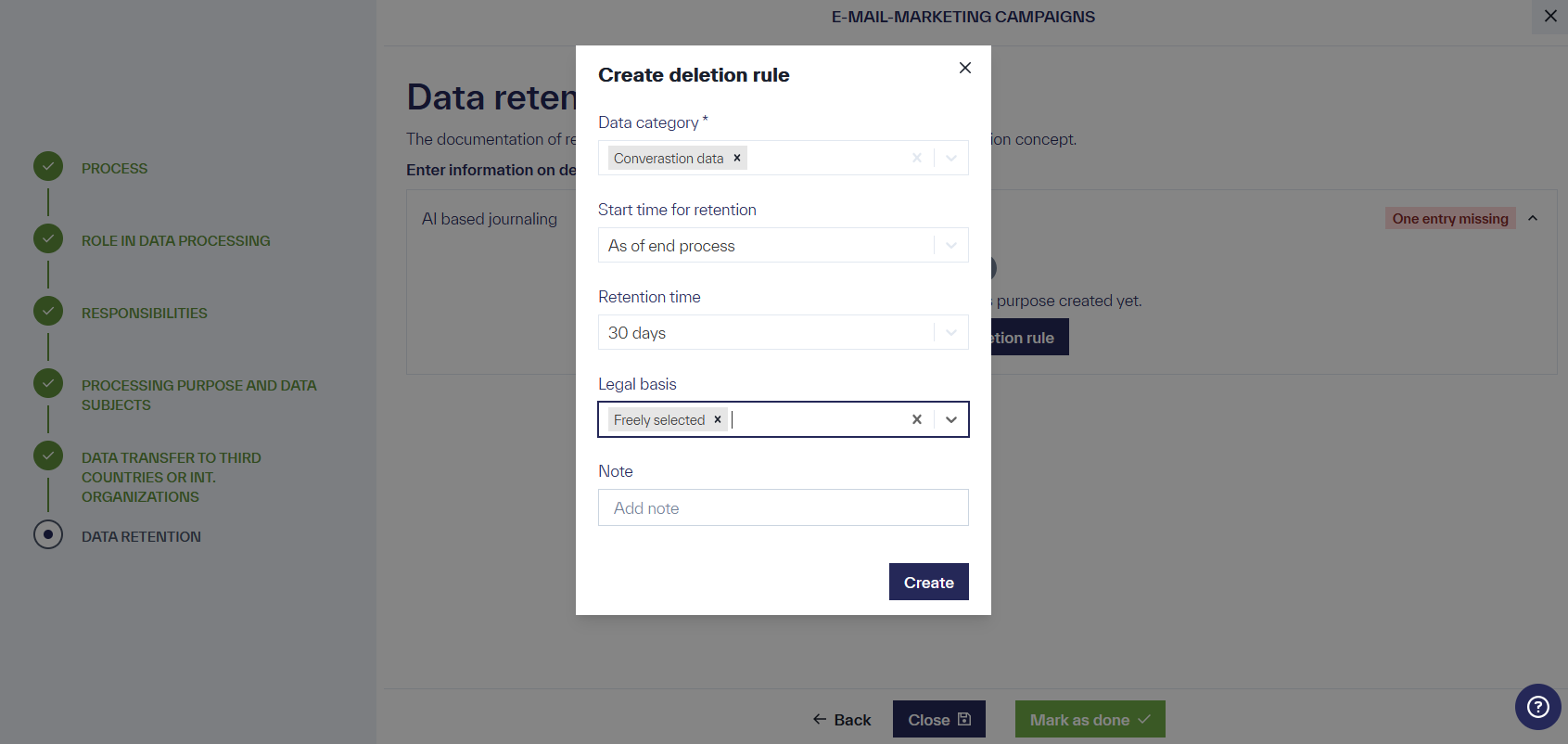 A page titled &ldquo;Data retention&rdquo; is displayed, showing an open menu. It contains the input fields &ldquo;Data category&rdquo;, &ldquo;Start time of retention&rdquo;, &ldquo;Retention time&rdquo;, &ldquo;Legal basis&rdquo;, and &ldquo;Note&rdquo;. All fields, except for &ldquo;Note&rdquo;, can be selected via a drop-down menu.