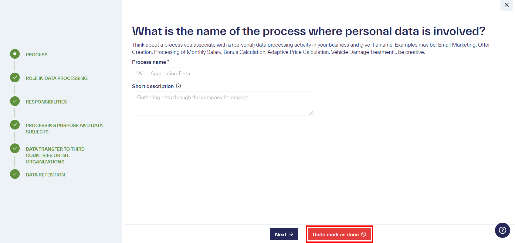 A page that guides through the steps, where &ldquo;Undo Mark as done&rdquo; is highlighted at the bottom.