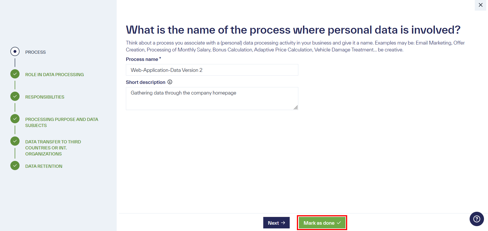 The &ldquo;Mark as done&rdquo; option at the bottom of the page for processes.