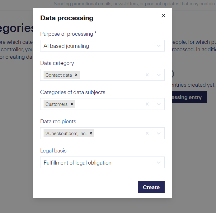 A small menu titled &ldquo;Data Processing&rdquo; is displayed, containing the options &ldquo;Purpose of processing&rdquo;, &ldquo;Data category&rdquo;, &ldquo;Categories of data subjects&rdquo;, &ldquo;Data recipients&rdquo;, and &ldquo;Legal basis&rdquo;, each equipped with a drop-down menu. The &ldquo;Create&rdquo; button is also visible.