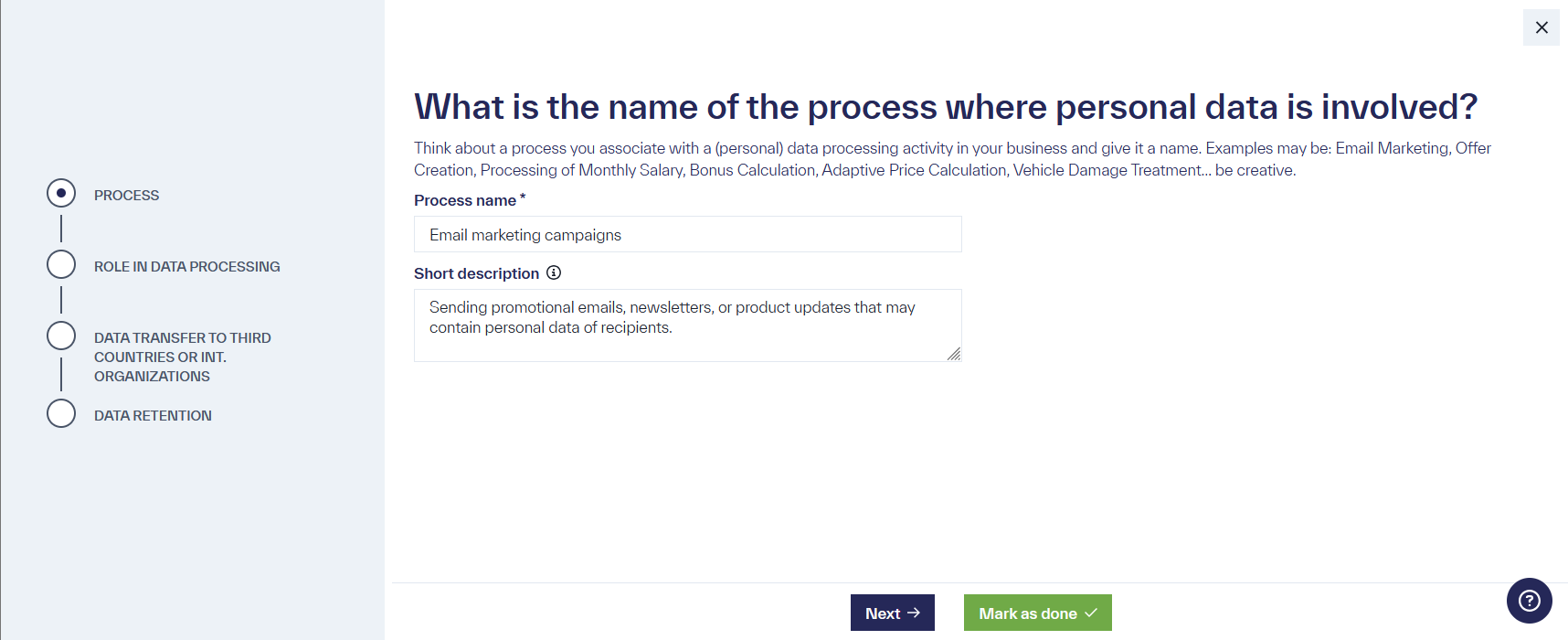 First step in creating an RoPA: A progress indicator is visible on the left side of the webpage, while the input fields &ldquo;Process name&rdquo; and &ldquo;Short description&rdquo; are displayed in the center for completion.