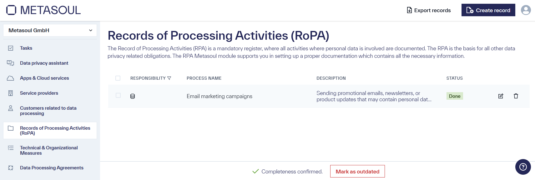 The main page of the &ldquo;Record of Processing Activities (RoPA),&rdquo; accessible via the &ldquo;Record of Processing Activities (RoPA)&rdquo; option in the left-hand menu, now displays the newly created RoPA.