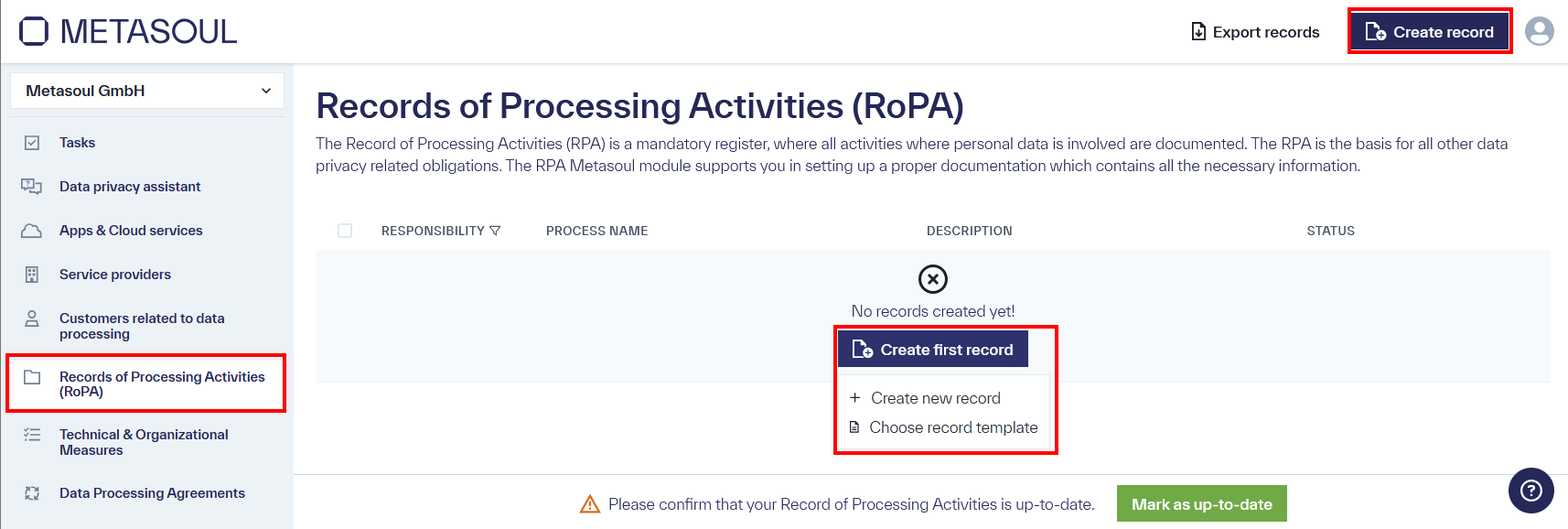 Under the &ldquo;Record of Processing Activities (RoPA)&rdquo; tab on the corresponding page, the &ldquo;Create record&rdquo; option is available, which includes the sub-options &ldquo;Create New record&rdquo; and &ldquo;Choose record template&rdquo;.