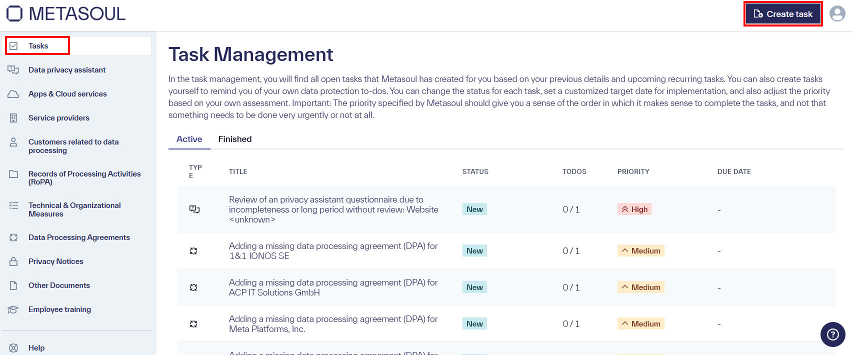 Title page &ldquo;Task Management&rdquo; with the option &ldquo;Create Task&rdquo;, as well as a table of existing tasks.
