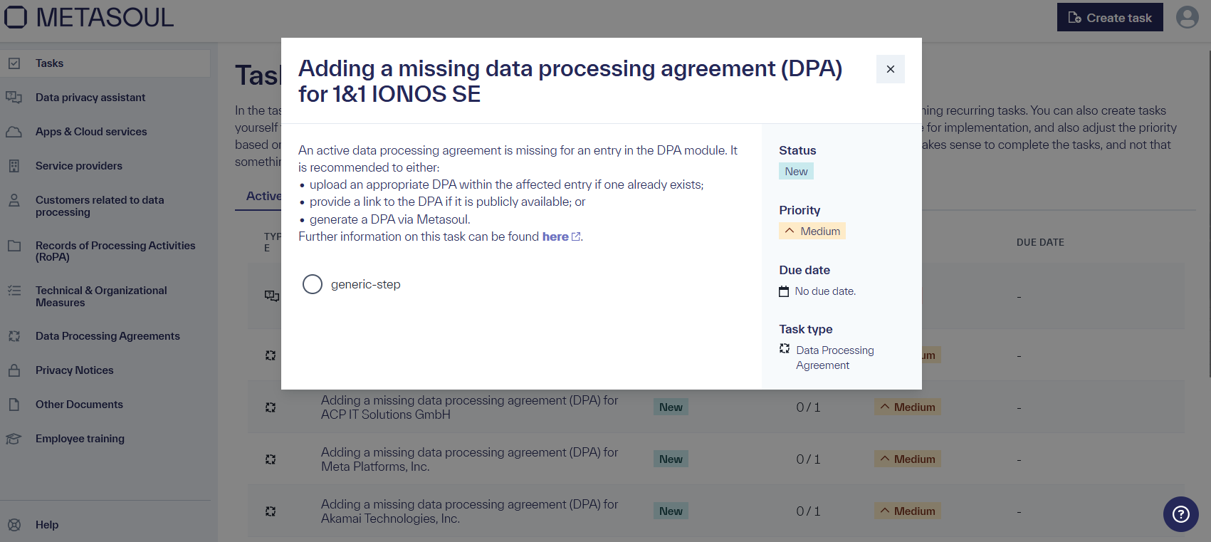 A metasoul assigned task for adding a missing data processing agreement (DPA) for a company