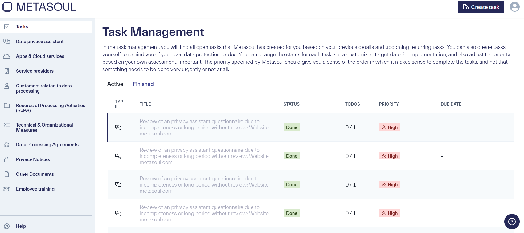 Module page &ldquo;Tasks&rdquo; with the selected tab &ldquo;Finished&rdquo;, displaying a table of completed tasks.