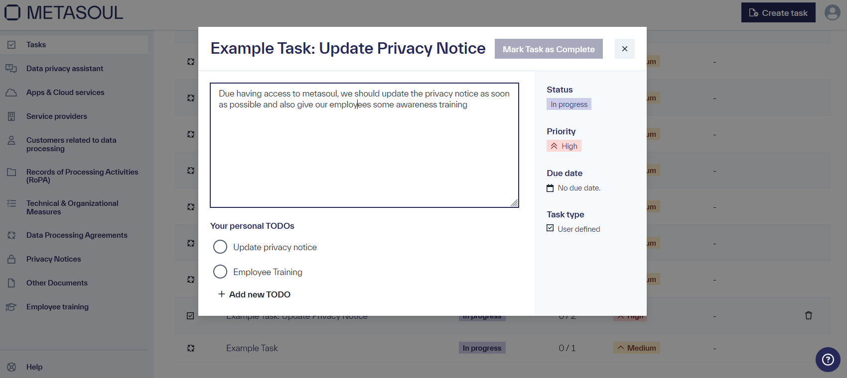 Example Task: &ldquo;Update Privacy Notice&rdquo; with two sub-tasks