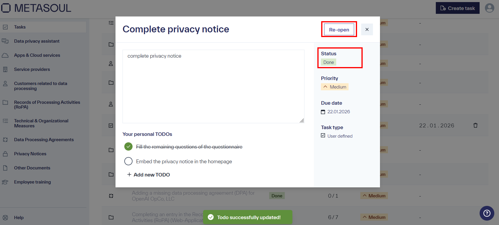 Re-open task &ldquo;Complete privacy notice&rdquo; by using the option &ldquo;Re-open&rdquo;