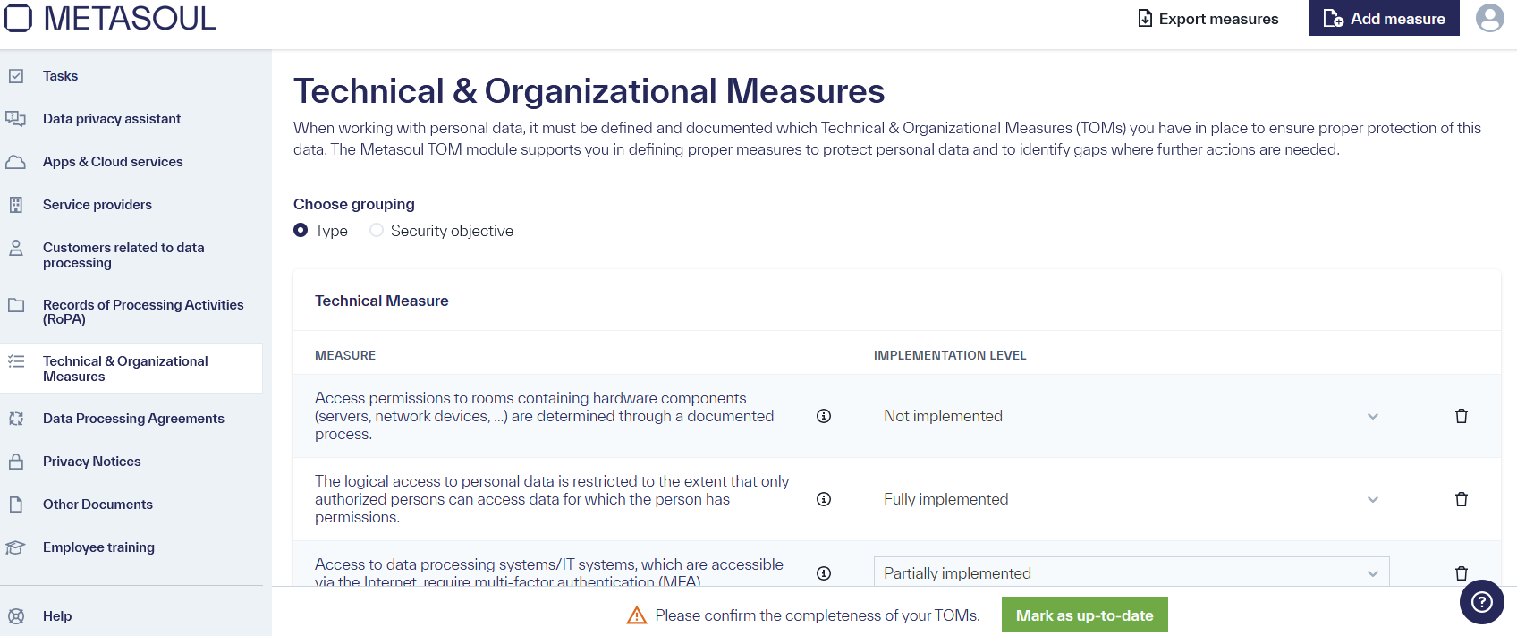 Home page of the &ldquo;Technical & Organizational Measures&rdquo; featuring a table with multiple entries.