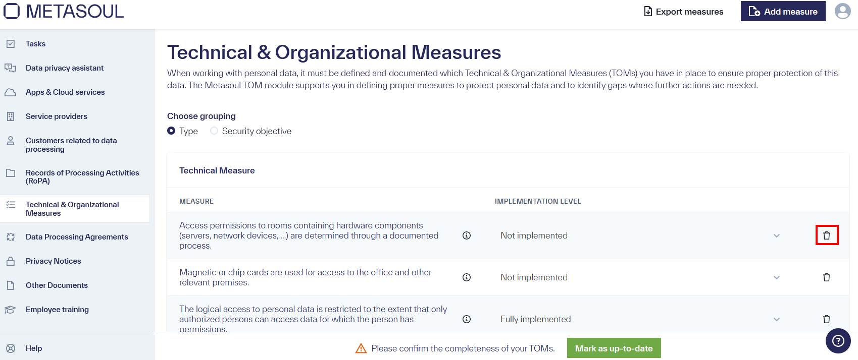 Home page of the &ldquo;Technical & Organizational Measures&rdquo; featuring a table with multiple entries.