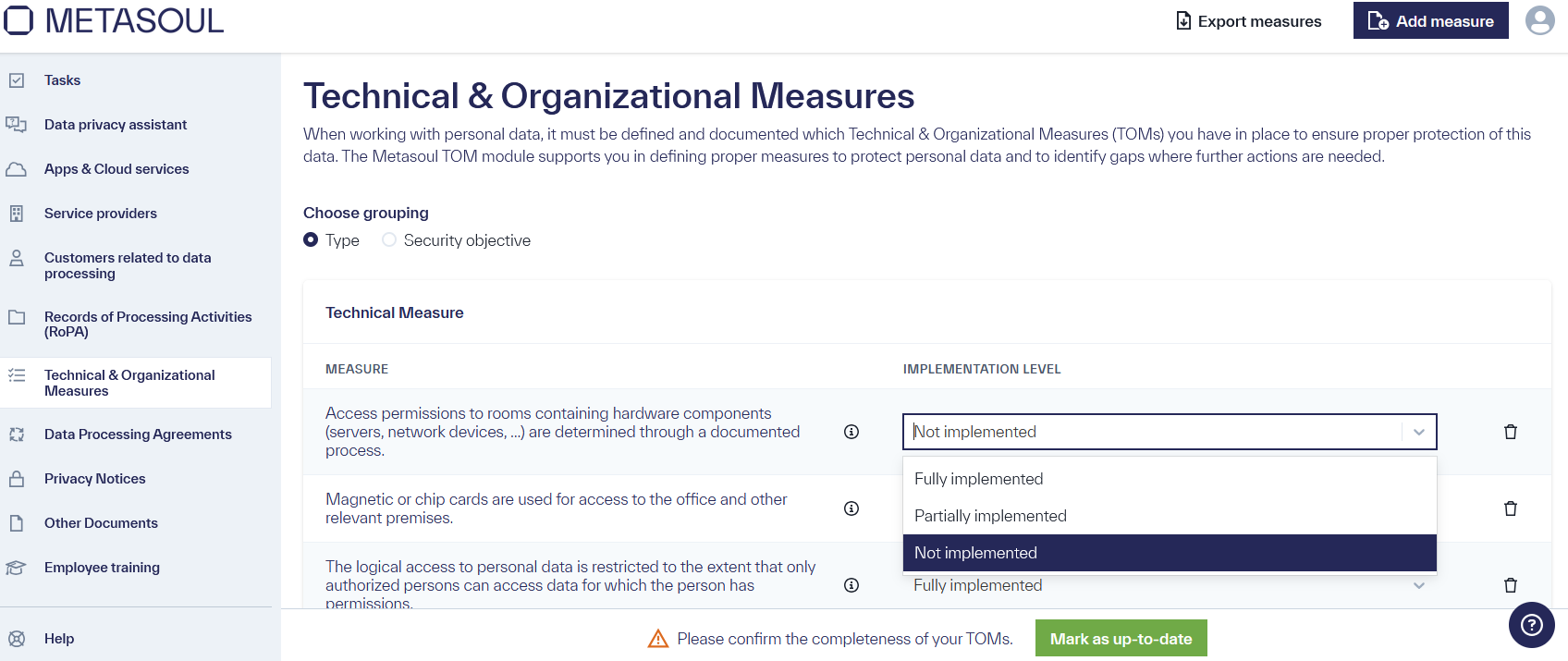 Home page of the &ldquo;Technical & Organizational Measures&rdquo; featuring a table with multiple entries.