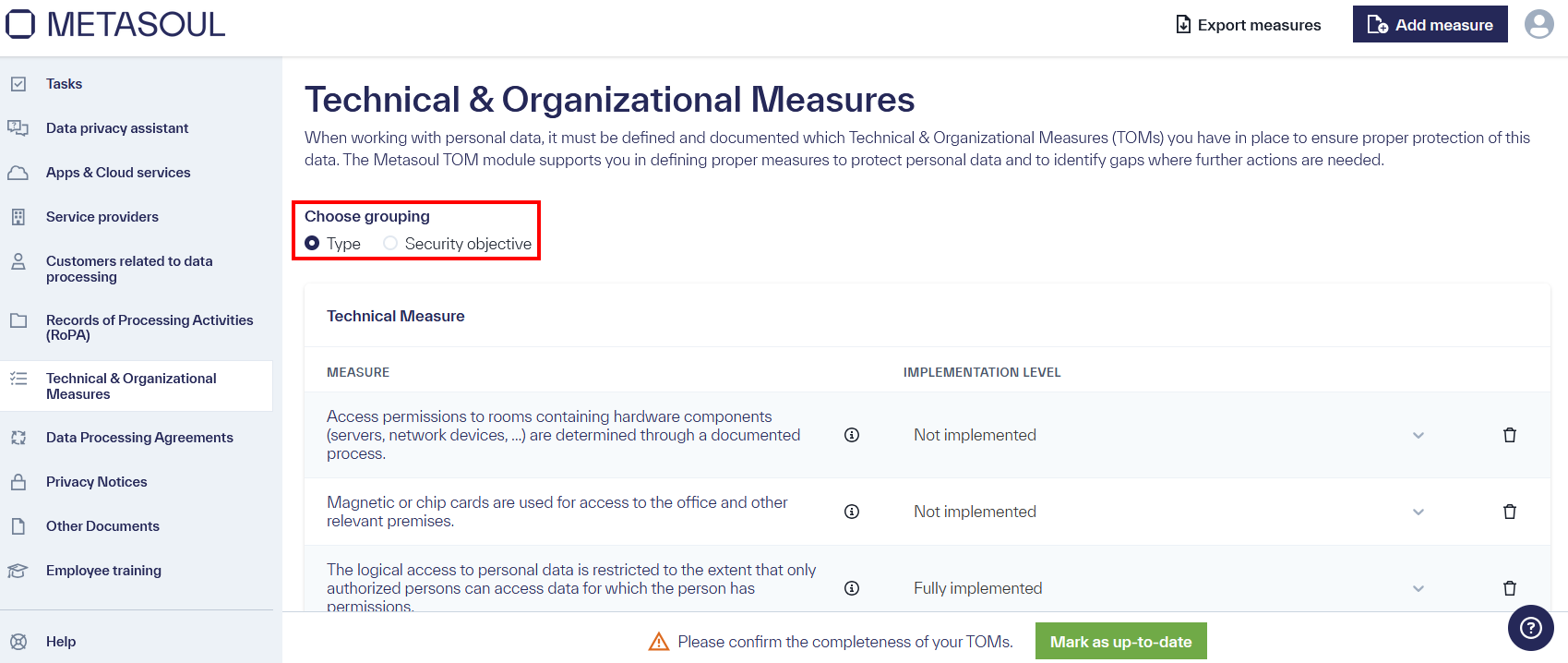 Home page of the &ldquo;Technical & Organizational Measures&rdquo; featuring a table with multiple entries.