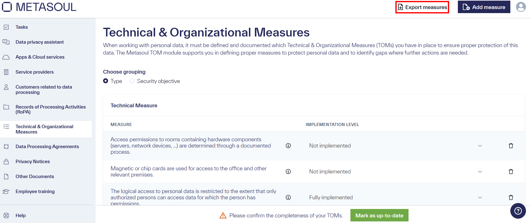 Home page of the module &ldquo;Technical & Organizational Measures&rdquo; with the &ldquo;Export Measures&rdquo; option marked in the top right corner.