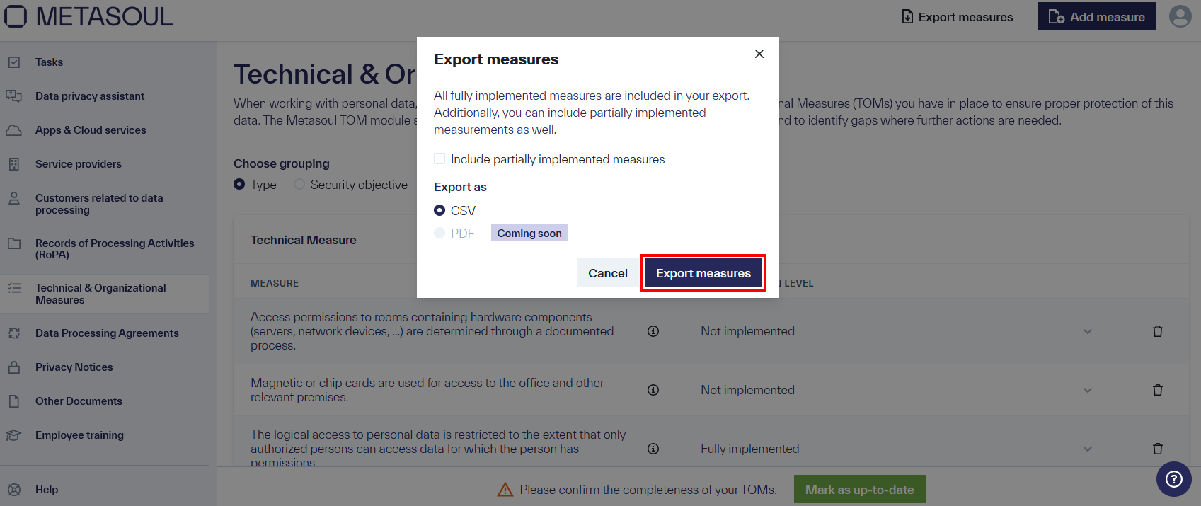 A window titled &ldquo;Export Measures&rdquo; with the options &ldquo;CSV,&rdquo; &ldquo;Cancel,&rdquo; and &ldquo;Export Measures.&rdquo;