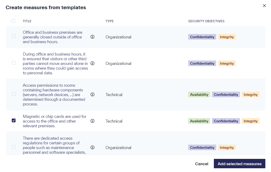 A window that provides a list of predefined technical and organizational measures to be selected as templates.