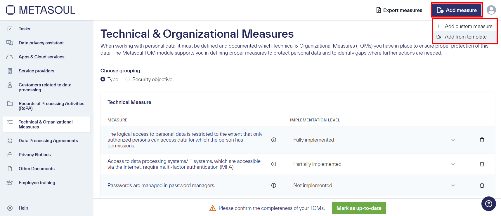 The main page titled &ldquo;Technical & Organizational Measures (TOMs)&rdquo; features the option &ldquo;Add Measure&rdquo; in the top right corner, with the sub-options &ldquo;Add Custom Measure&rdquo; and &ldquo;Add from Template.&rdquo; In the center of the page, a list of the measures already created is displayed.