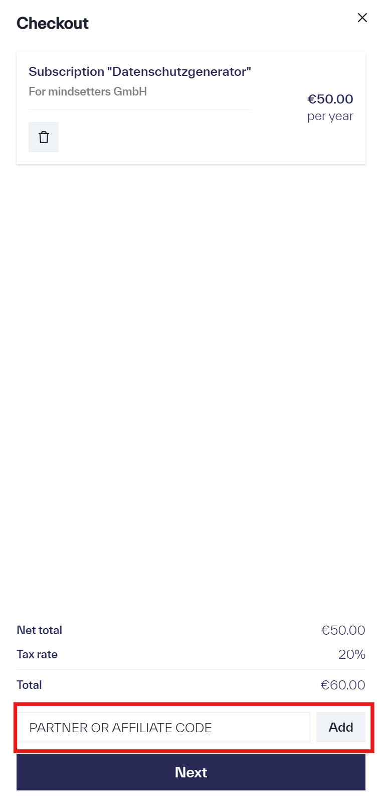 Example on how to redeem a partner code in the Metasoul billing section"