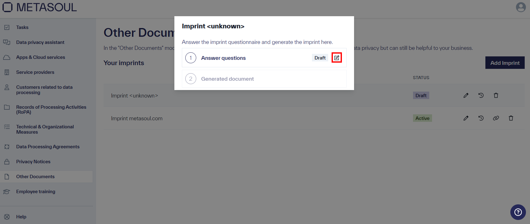 Popup titled &ldquo;Imprint metasoul.com&rdquo; with the options &ldquo;Answer Questions&rdquo; and &ldquo;Generated Document.&rdquo;