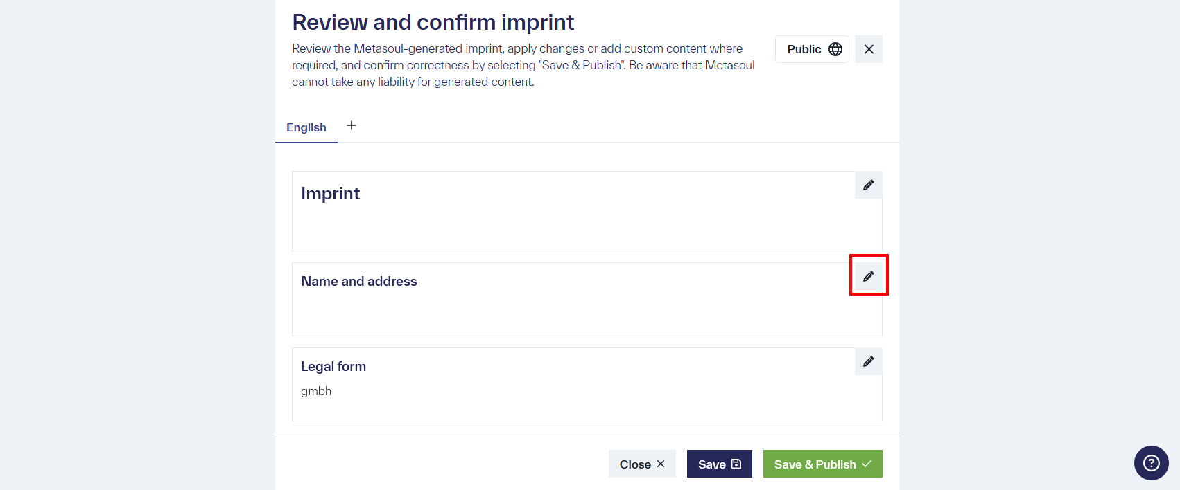 Display of the document “Imprint,” where each section is available as a separate option for editing.