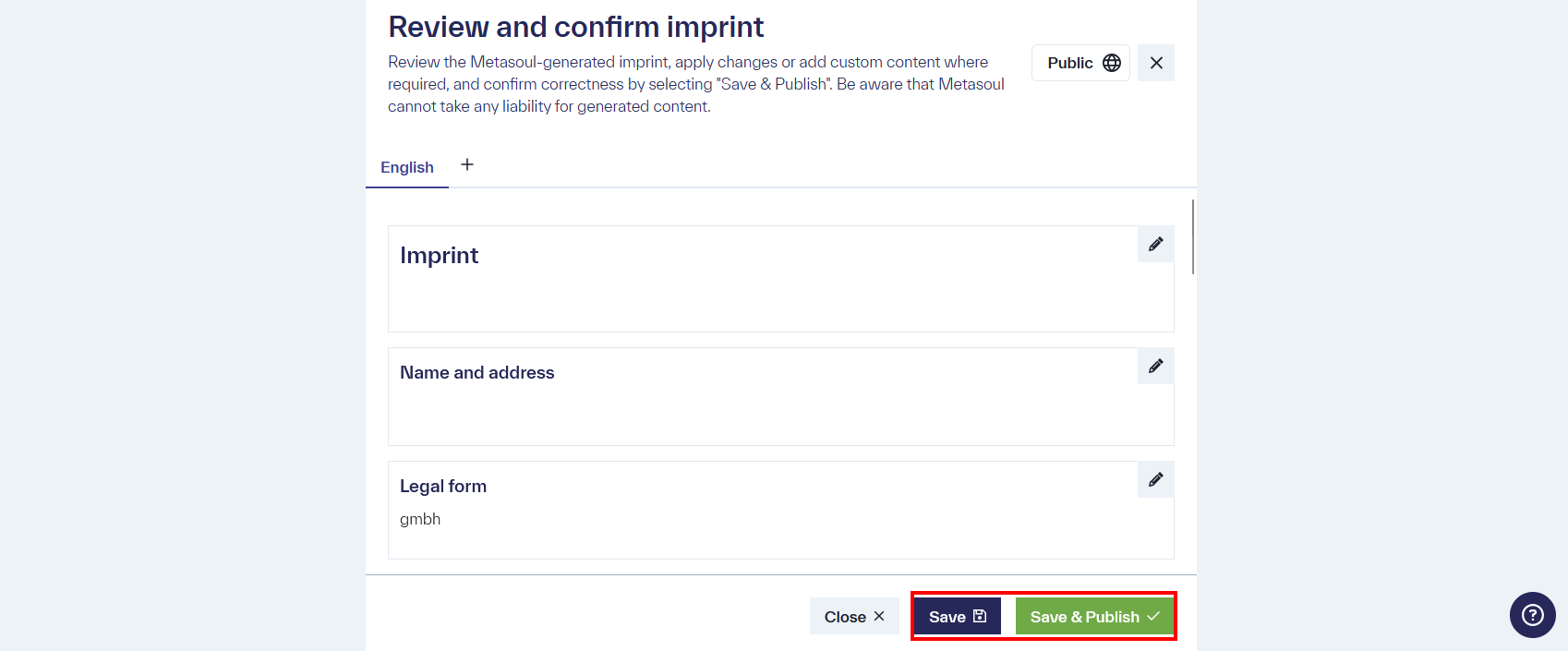 The document &ldquo;Imprint&rdquo; on the edit page &ldquo;Review and Confirm Imprint.&rdquo;