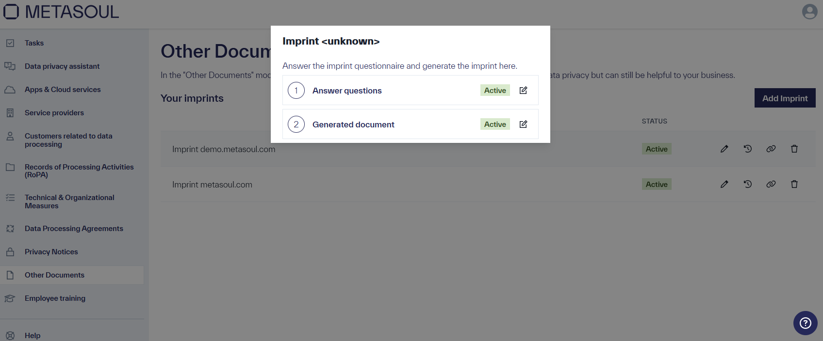 Popup titled &ldquo;Imprint metasoul.com&rdquo; with the options &ldquo;Answer Questions&rdquo; and &ldquo;Generated Document.&rdquo;