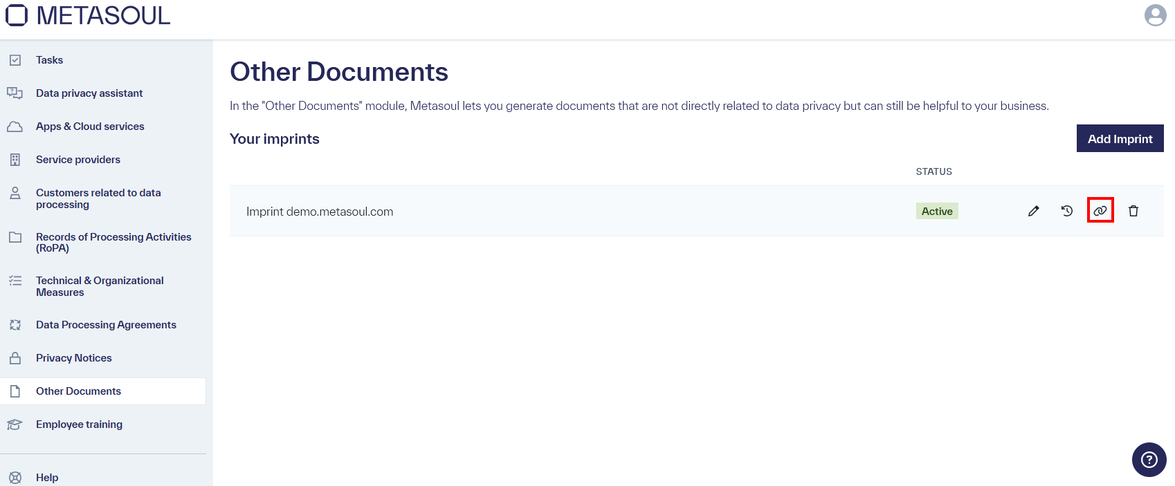 “Other Documents” page with a table displaying an entry for the website metasoul.com in the status “Active” and a link icon on the right-hand side.