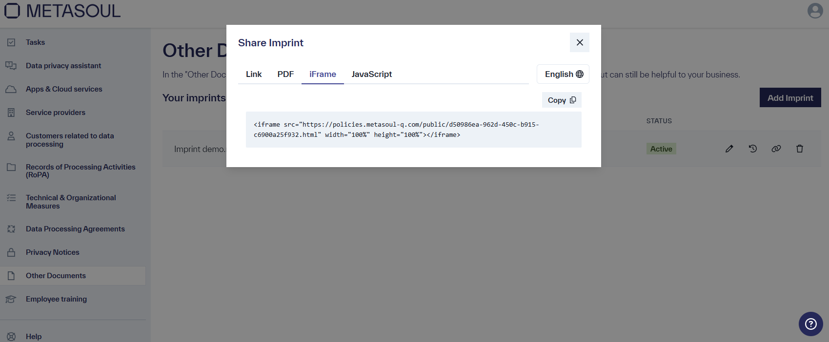 A menu with the tabs &ldquo;Link&rdquo;, &ldquo;PDF&rdquo;, &ldquo;iFrame&rdquo;, and &ldquo;JavaScript&rdquo;, under which the HTML code is displayed, with the option to copy it.