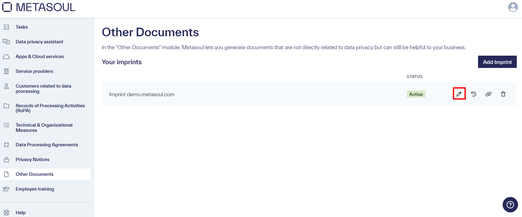 The &ldquo;Other Documents&rdquo; page contains a table showing an entry for the website metasoul.com with the status &ldquo;Active&rdquo; and an &ldquo;Edit&rdquo; symbol on the right side.