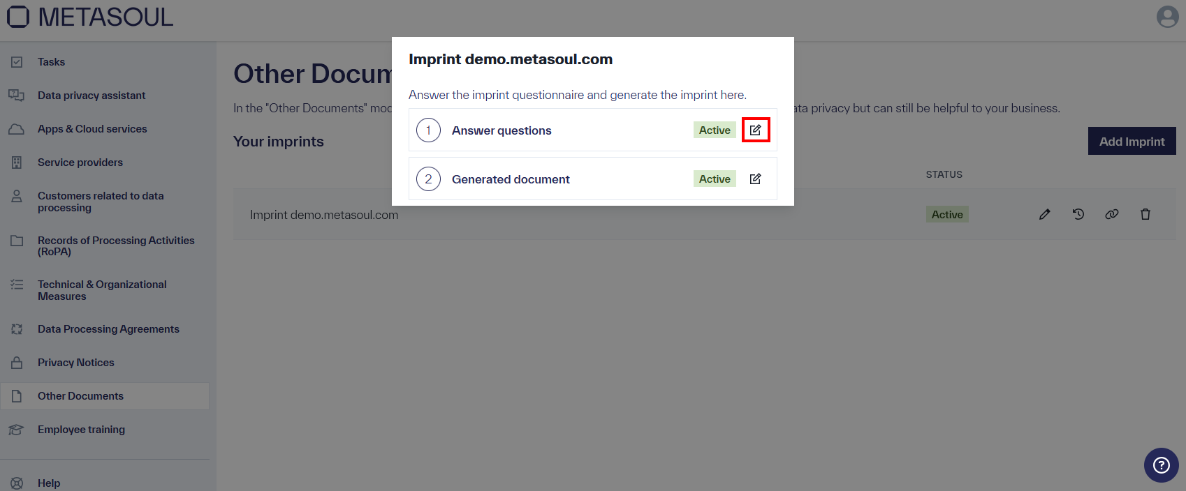 A pop-up with the title &ldquo;Impressum metasoul.com&rdquo; and the options &ldquo;Answer Questions&rdquo; and &ldquo;Generated Document&rdquo;.