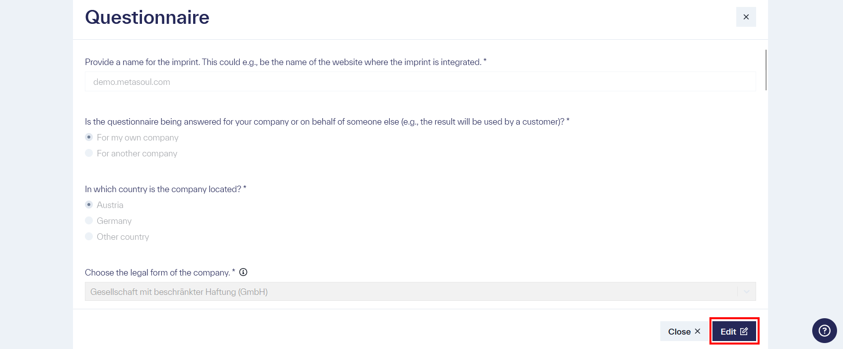 The Imprint question catalog with the options &ldquo;Close&rdquo; and &ldquo;Edit&rdquo;.