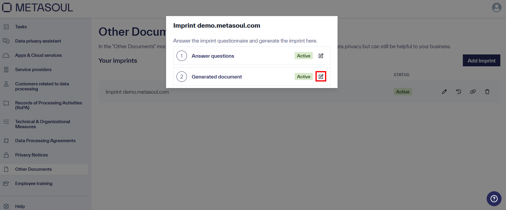 Window titled &ldquo;Imprint demo.metasoul.com&rdquo; with the two editable options &ldquo;Answer Questions&rdquo; and &ldquo;Generated Document&rdquo;.