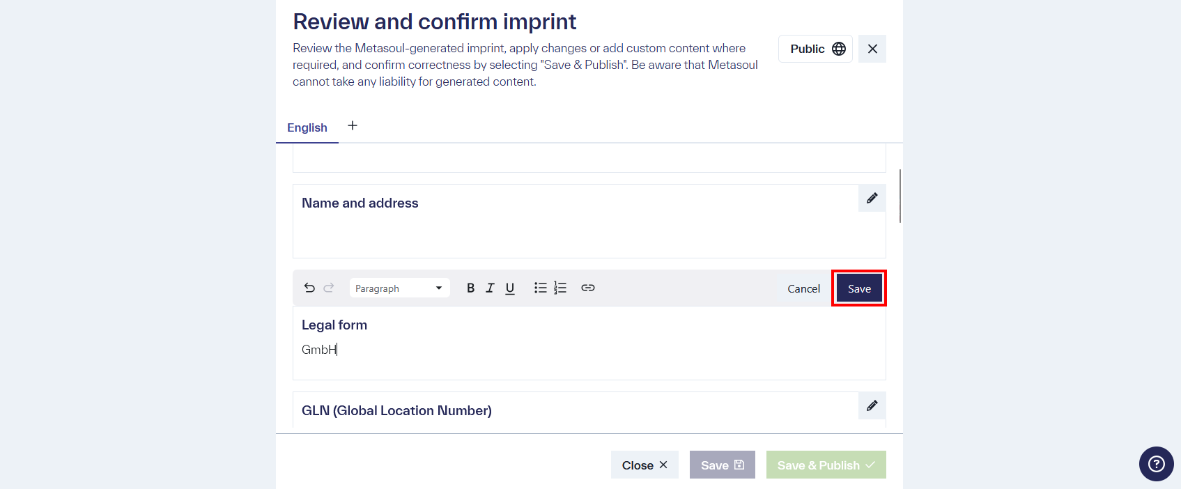Section of the Imprint document in editing mode, where the &ldquo;Save&rdquo; option is highlighted.
