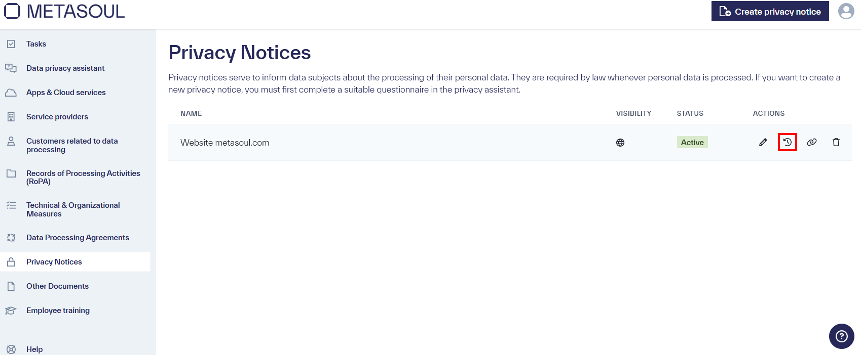 The page of the privacy notice module with an active privacy notice, whose history icon is marked.