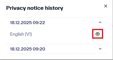 Menu &ldquo;Privacy Notice History&rdquo; displaying multiple dated, expandable entries which, when opened, show the respective version number and an option to view the version.
