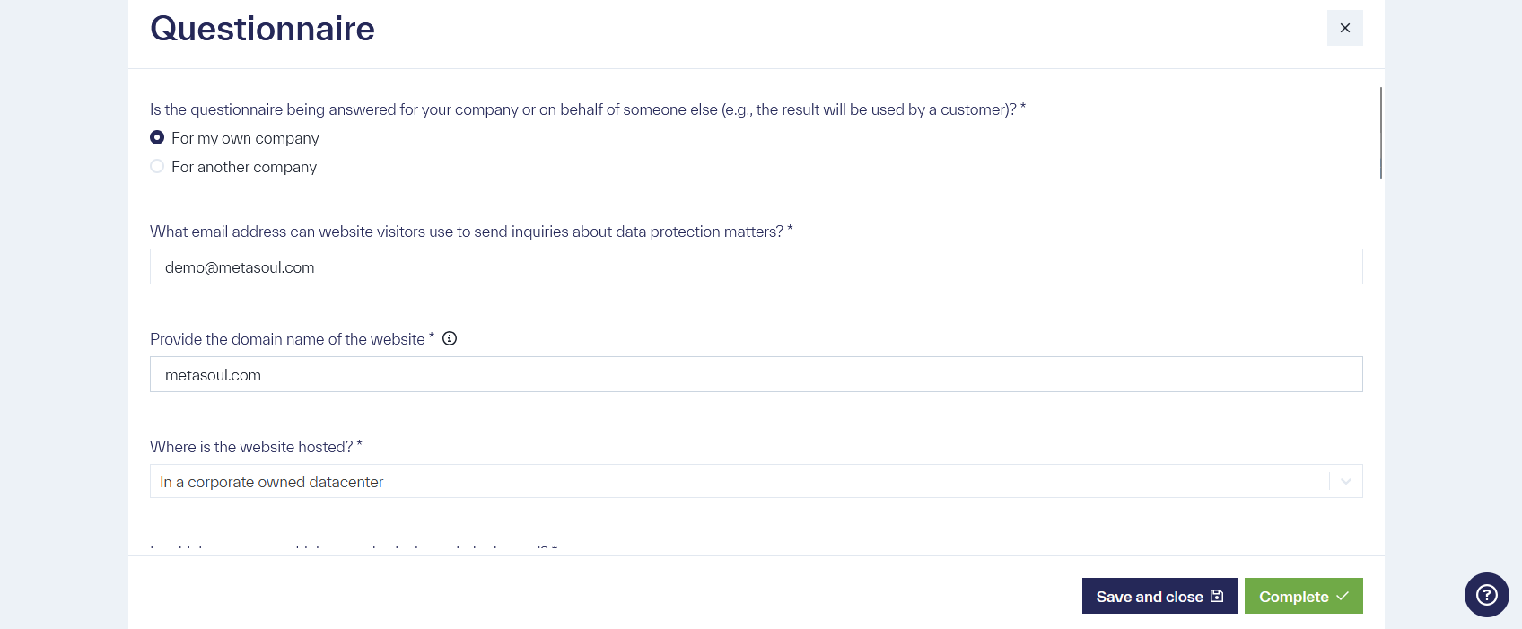A questionnaire with various answer options.