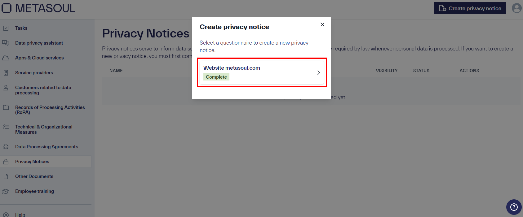 A pop-up menu titled &ldquo;Create privacy notice&rdquo; with the option titled &ldquo;Website metasoul.com&rdquo;