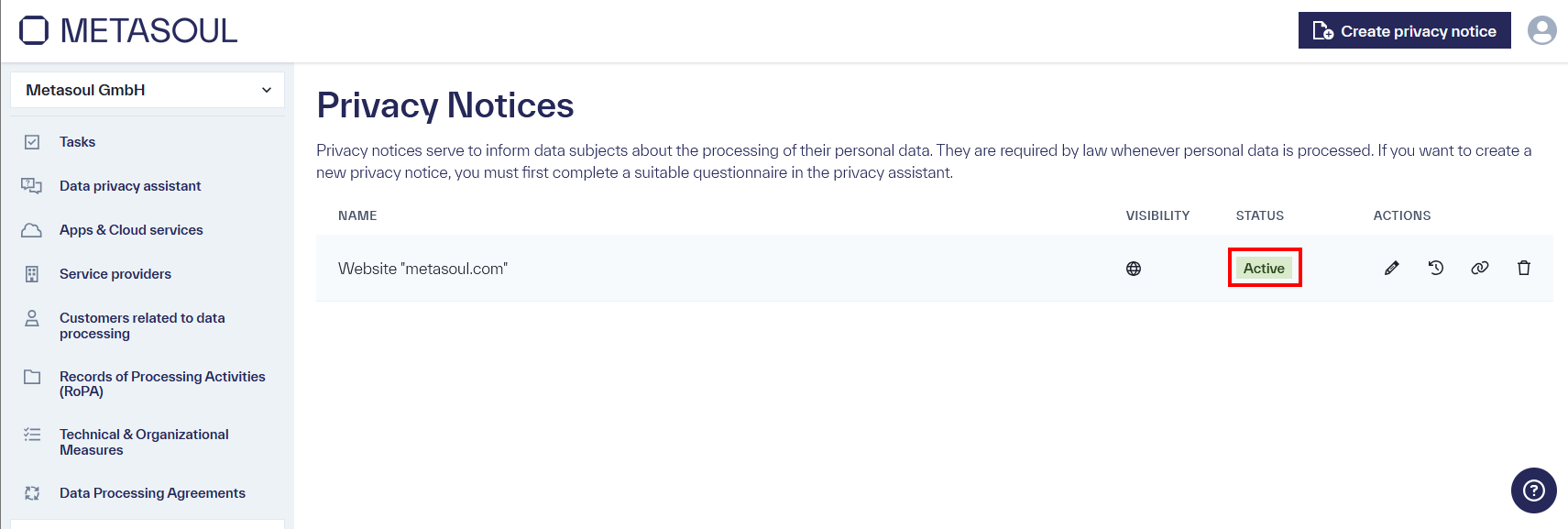 A page titled &ldquo;privacy notices&rdquo; and a table with an entry titled &ldquo;Website metasoul.com&rdquo; and the status &ldquo;Active.&rdquo;