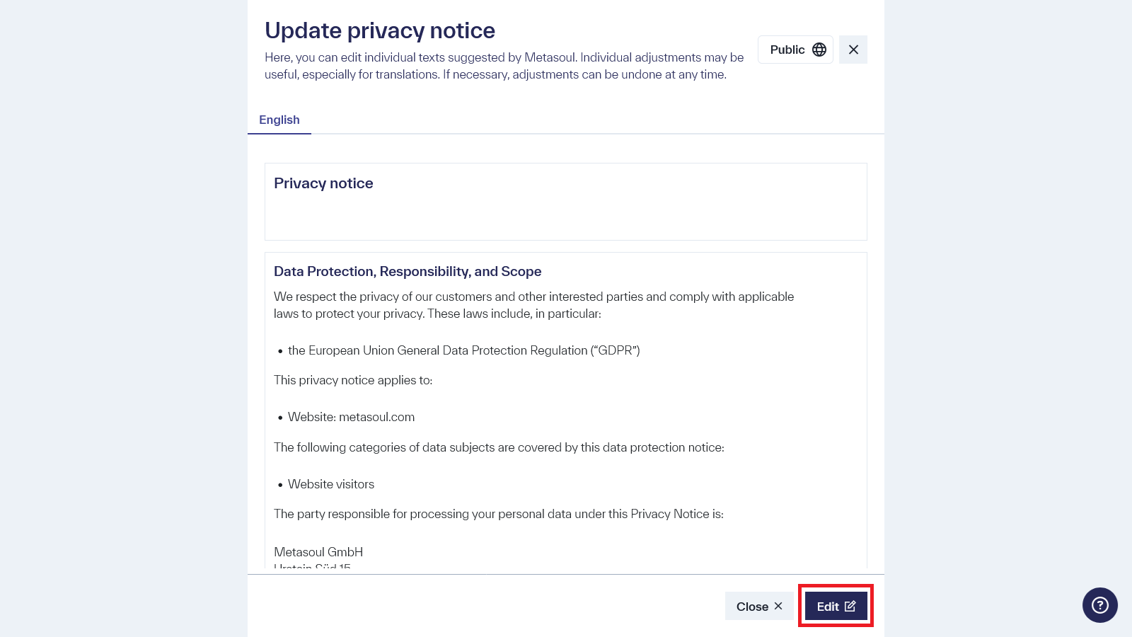 Screenshot of the &lsquo;Update privacy notice&rsquo; page in Metasoul, with the &lsquo;Edit&rsquo; button highlighted in the bottom-right corner of the page.