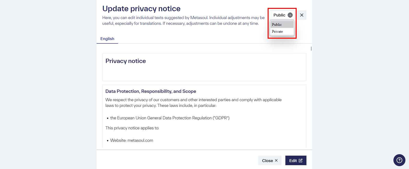Image of a privacy notice in edit mode, with the &ldquo;Public&rdquo; and &ldquo;Private&rdquo; options expanded and highlighted in red in the top left corner.