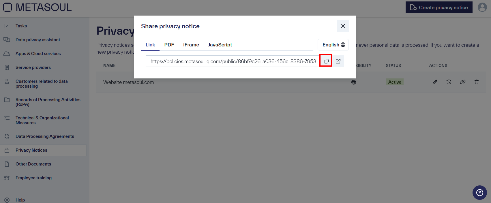 Window &ldquo;Share privacy notice,&rdquo; &ldquo;Link&rdquo; tab selected, Copy option highlighted, additional tabs &ldquo;PDF,&rdquo; &ldquo;iFrame,&rdquo; and &ldquo;JavaScript.&rdquo;