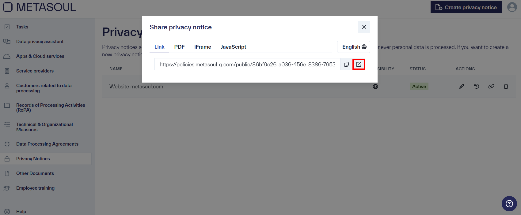 Window &ldquo;Share privacy notice,&rdquo; &ldquo;Link&rdquo; tab selected, Open option highlighted, additional tabs &ldquo;PDF,&rdquo; &ldquo;iFrame,&rdquo; and &ldquo;JavaScript.&rdquo;
