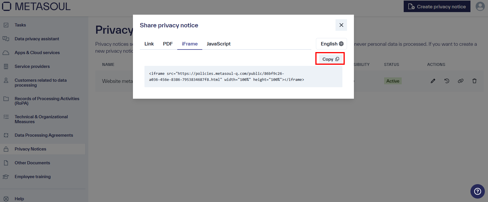 Window &ldquo;Share privacy notice,&rdquo; &ldquo;iFrame&rdquo; tab selected, Open option highlighted, additional tabs &ldquo;PDF,&rdquo; &ldquo;Link,&rdquo; and &ldquo;JavaScript.&rdquo;