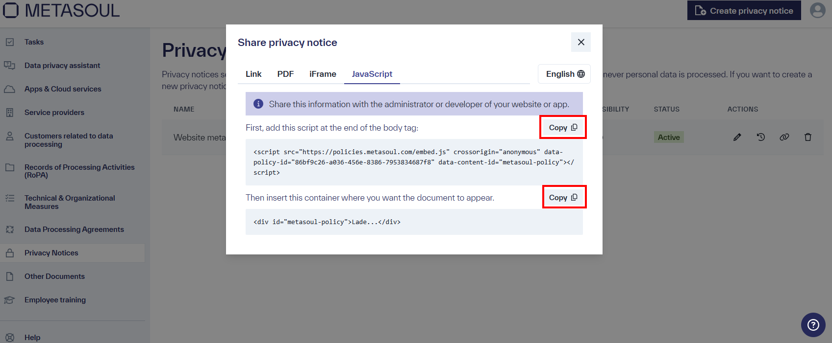 Window &ldquo;Share privacy notice,&rdquo; &ldquo;JavaScript&rdquo; tab selected, Open option highlighted, additional tabs &ldquo;PDF,&rdquo; &ldquo;iFrame,&rdquo; and &ldquo;Link.&rdquo;