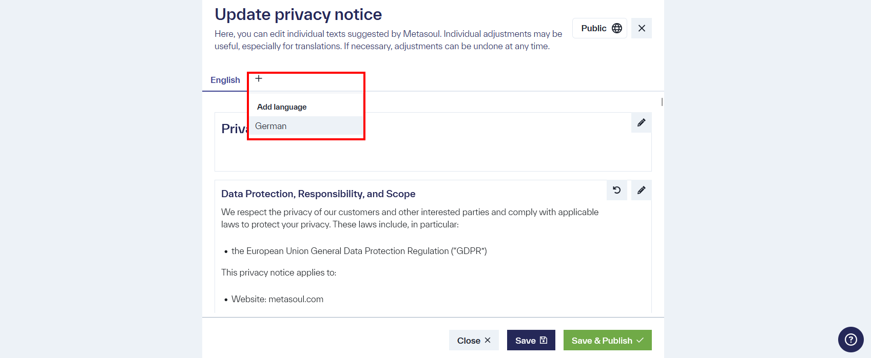 Page titled &ldquo;Update privacy notice&rdquo; with a tab menu featuring the options &ldquo;German&rdquo; and &ldquo;+&rdquo;, where the &ldquo;+&rdquo; allows for adding additional languages.