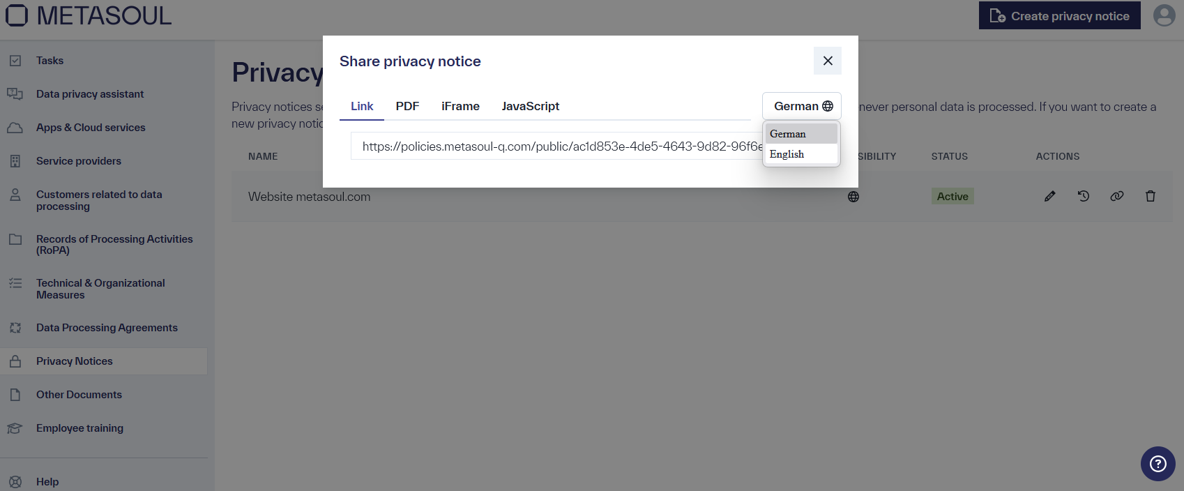 Menu with the tabs &ldquo;Link&rdquo;, &ldquo;PDF&rdquo;, &ldquo;iFrame&rdquo;, &ldquo;JavaScript&rdquo;, and &ldquo;English&rdquo;, which displays further options.