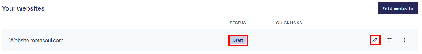 An entry in the website table with the status &ldquo;Draft&rdquo; and the title &ldquo;Website metasoul.com.&rdquo; This entry includes options on the right-hand side for editing and deleting.