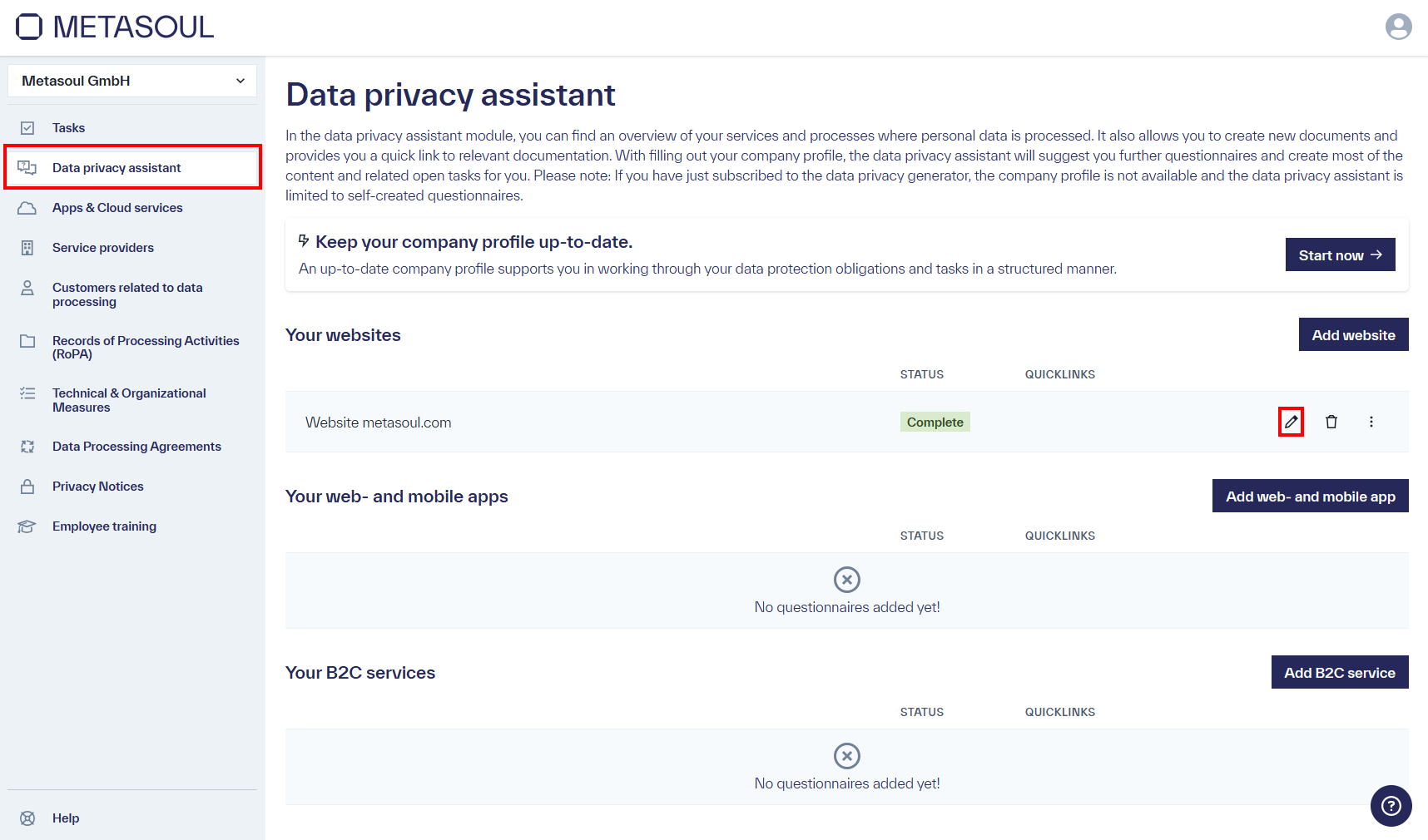 Table in the &ldquo;Data Privacy Assistant&rdquo; featuring a questionnaire in &ldquo;Complete&rdquo; status, with the option to edit.