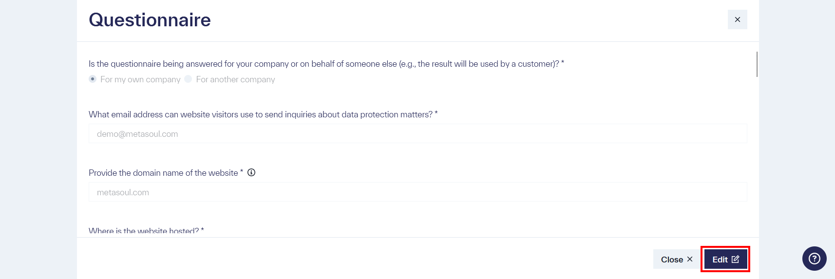 List of questions with answers displayed in a grayed-out format, with the options &ldquo;Close&rdquo; and &ldquo;Edit&rdquo; located at the bottom right.