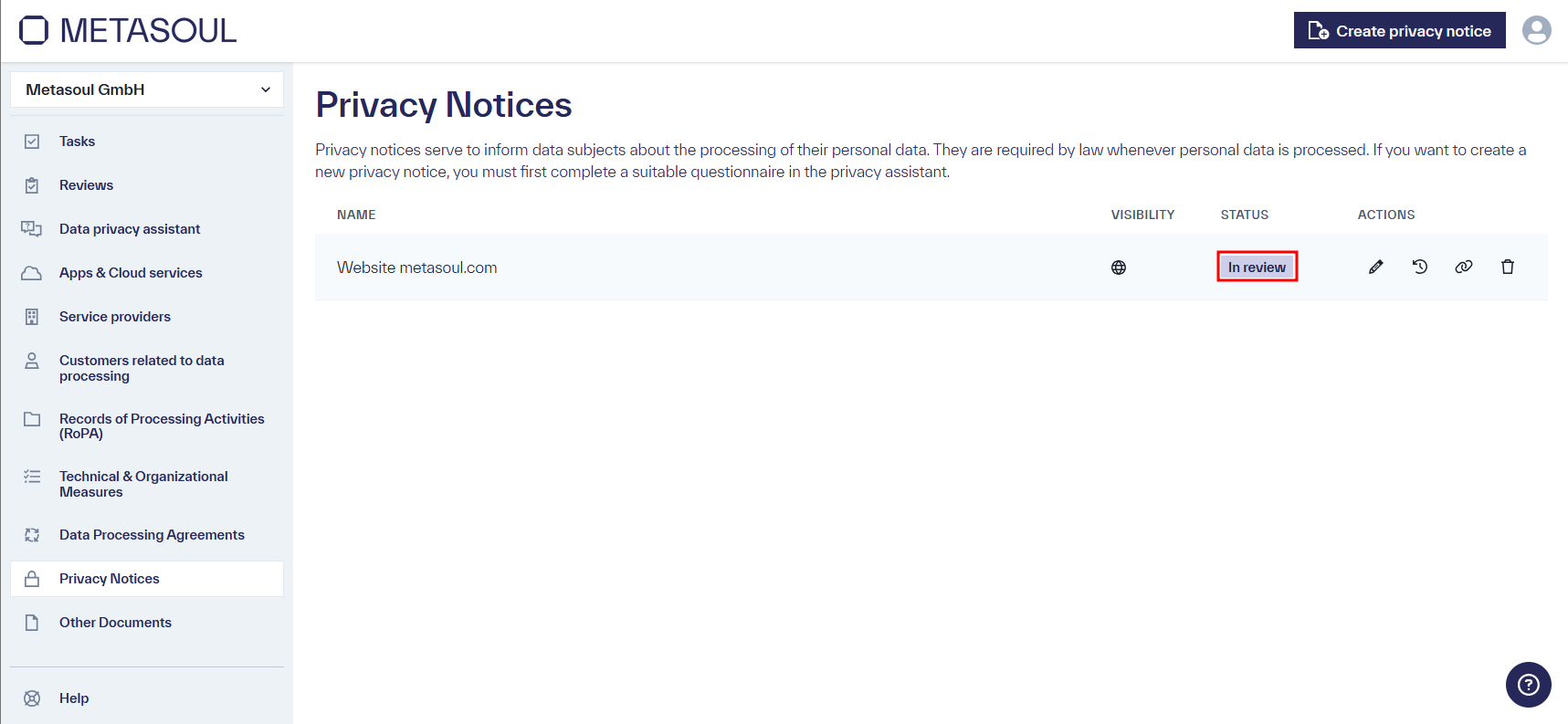 Page &ldquo;Privacy Notices&rdquo; displaying a table with an entry for the website metasoul.com marked with the status &ldquo;In review,&rdquo; along with the actions for editing, viewing history, sharing, and deleting.
