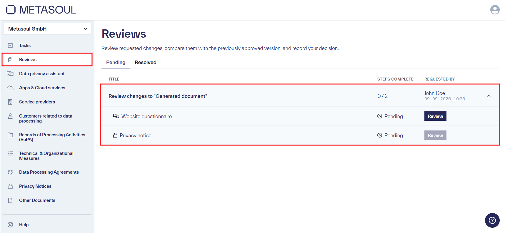 Page &ldquo;Reviews&rdquo; with the &ldquo;Reviews&rdquo; menu item highlighted on the left and an expanded, pending entry &ldquo;Review changes to &ldquo;Generated document&rdquo;&rdquo; showing the two sub-items &ldquo;Website questionnaire&rdquo; and &ldquo;Privacy notice,&rdquo; each with a &ldquo;Review&rdquo; button.